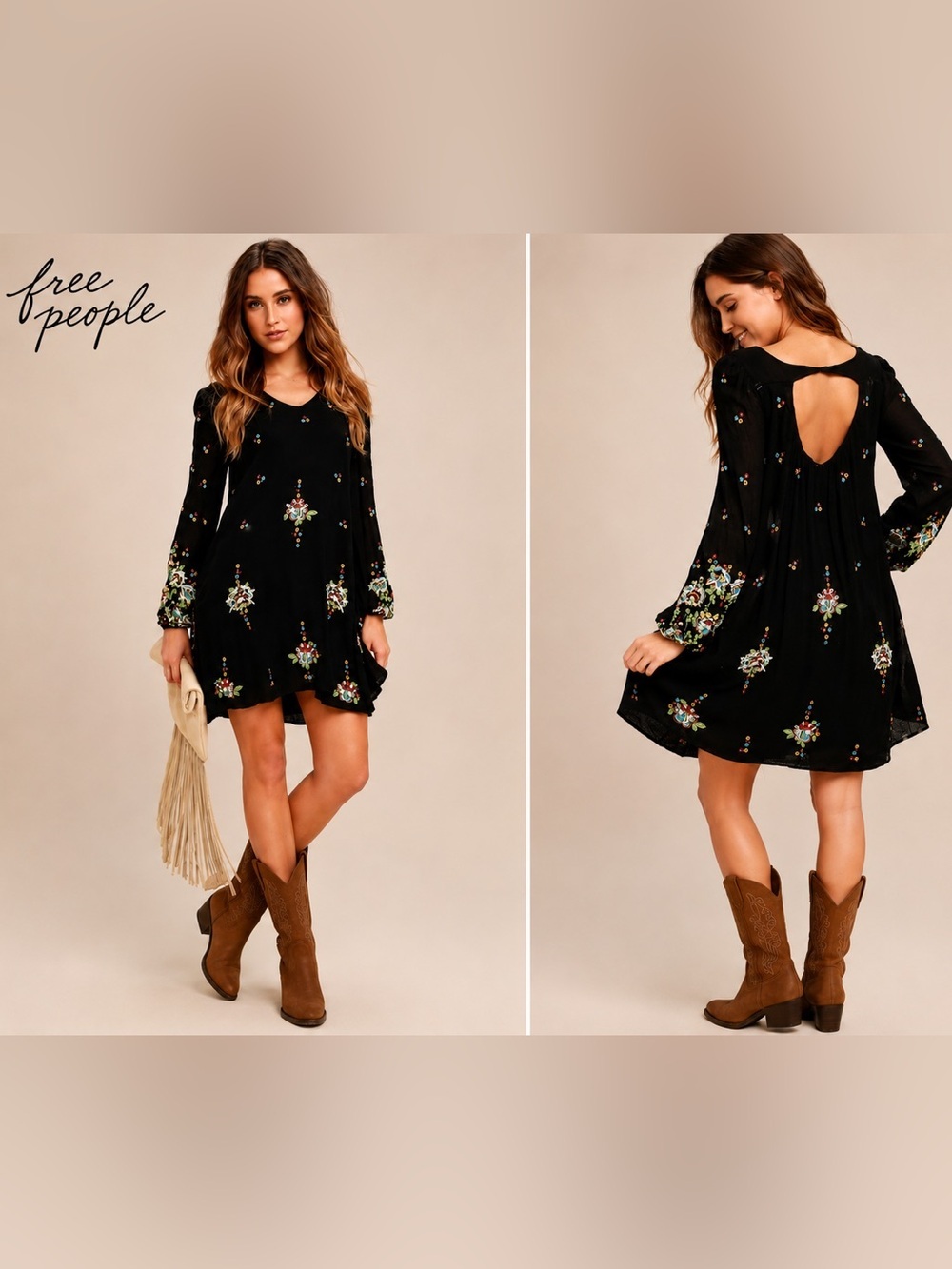 Free People Oxford Swing Embroidered Black Mini Dress Size Small boho